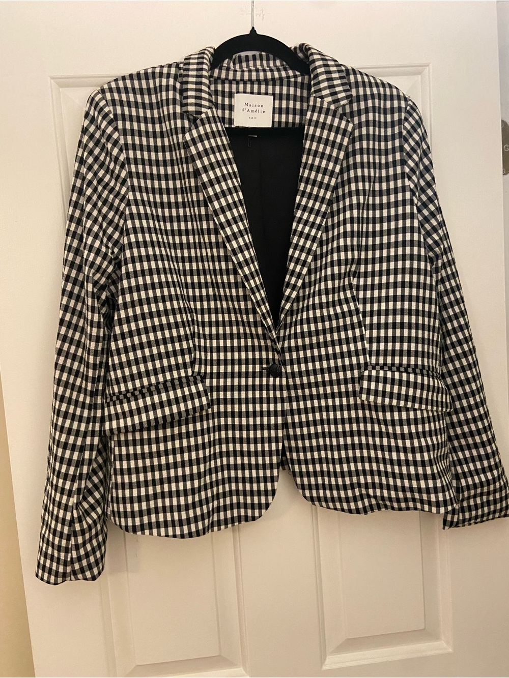 Maison d'Amélie by Anthropologie Black/White Gingham Single-Button Crop’d Blazer